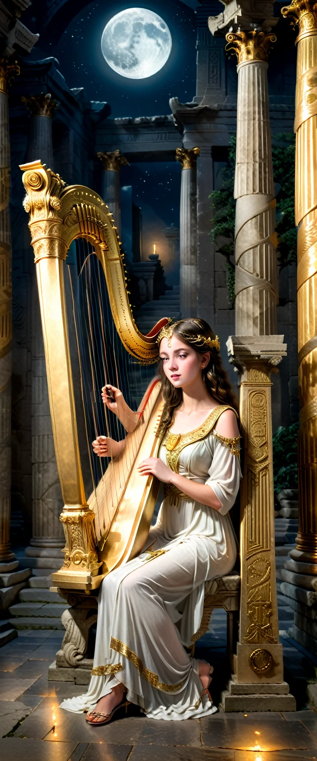 a young priestess, sitting, she places a harp larger than herself in front of him and plays it, playing a large lyre, ancient Greek temple, late at night, inside the temple it is (dark:1.3) and there is (no lighting:1.2), the moonlight shines in at an angle, shining a faint light on her., highly detailed, photorealistic, realistic lighting, intricate architecture, ornate decorations, cool color palette, golden accents, soft fabric textures, mesmerizing expression, elegant pose, cinematic composition, natural lighting, realistic shadows, mystical atmosphere, hyperrealistic, award-winning art