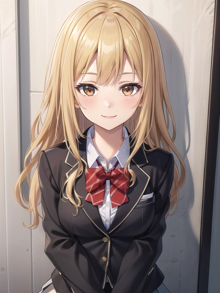 ((masterpiece)),(best quality),official art,extremely delicate and beautiful,extremely detailed CG,unity 8k wallpaper,ultra detailed,beautiful detailed eyes,extremely detailed face,outdoors,1girl,solo,upper body,(portrait:1.5),looking at viewer,facing viewer,smile,Kuhouin Arisa,long wavy blond hair,sidelocks,parted bangs,brown eyes,,blazer,black jacket,wing collar,red bowtie,white shirt,collared shirt,long sleeves,large breasts,buttons,miniskirt,black skirt,pleated skirt,black thighhighs,loafers,black footwear,