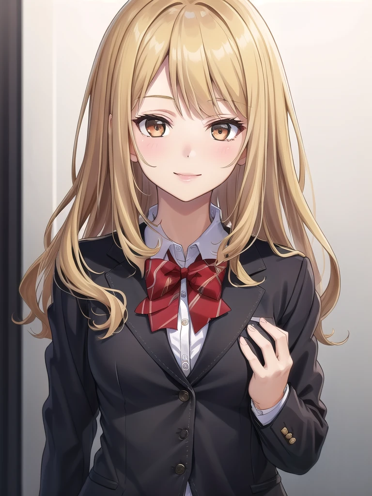 ((masterpiece)),(best quality),official art,extremely delicate and beautiful,extremely detailed CG,unity 8k wallpaper,ultra detailed,beautiful detailed eyes,extremely detailed face,outdoors,1girl,solo,upper body,(portrait:1.5),looking at viewer,facing viewer,smile,Kuhouin Arisa,long wavy blond hair,sidelocks,parted bangs,brown eyes,,blazer,black jacket,wing collar,red bowtie,white shirt,collared shirt,long sleeves,large breasts,buttons,miniskirt,black skirt,pleated skirt,black thighhighs,loafers,black footwear,