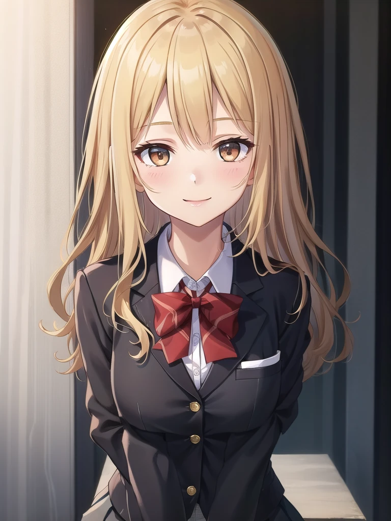 ((masterpiece)),(best quality),official art,extremely delicate and beautiful,extremely detailed CG,unity 8k wallpaper,ultra detailed,beautiful detailed eyes,extremely detailed face,outdoors,1girl,solo,upper body,(portrait:1.5),looking at viewer,facing viewer,smile,Kuhouin Arisa,long wavy blond hair,sidelocks,parted bangs,brown eyes,,blazer,black jacket,wing collar,red bowtie,white shirt,collared shirt,long sleeves,large breasts,buttons,miniskirt,black skirt,pleated skirt,black thighhighs,loafers,black footwear,