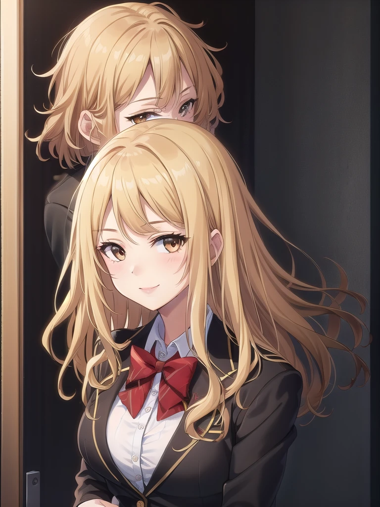 ((masterpiece)),(best quality),official art,extremely delicate and beautiful,extremely detailed CG,unity 8k wallpaper,ultra detailed,beautiful detailed eyes,extremely detailed face,outdoors,1girl,solo,upper body,(portrait:1.5),looking at viewer,facing viewer,smile,Kuhouin Arisa,long wavy blond hair,sidelocks,parted bangs,brown eyes,,blazer,black jacket,wing collar,red bowtie,white shirt,collared shirt,long sleeves,large breasts,buttons,miniskirt,black skirt,pleated skirt,black thighhighs,loafers,black footwear,