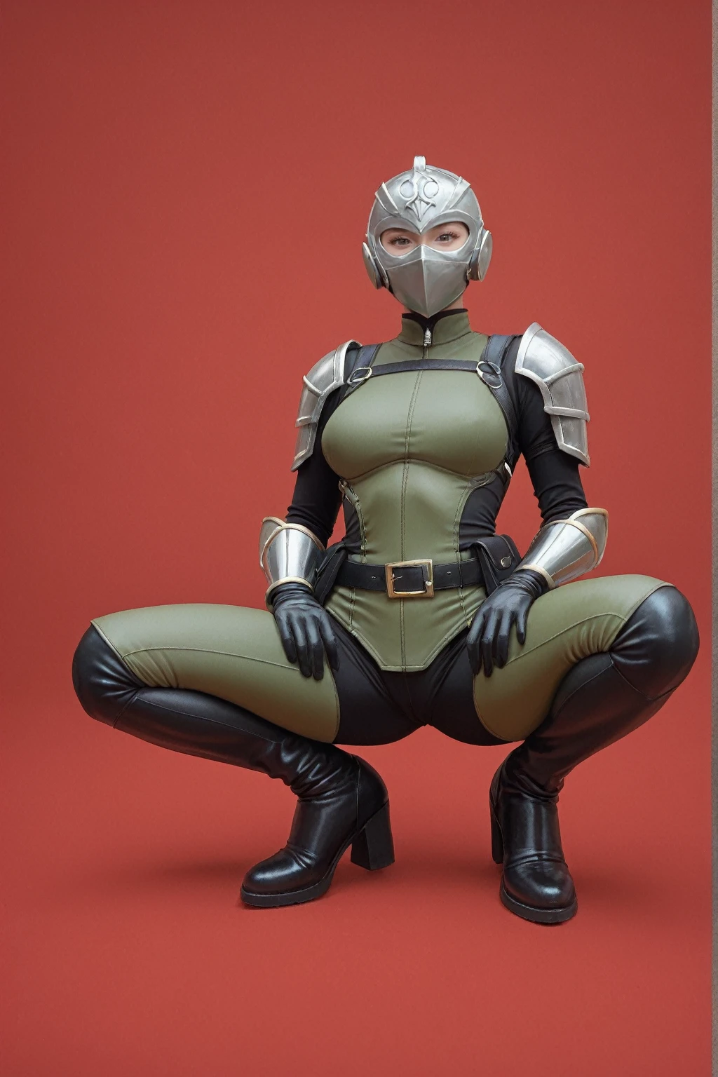 score_9,score_8_up,score_7_up,
red background,1girl,solo,looking at viewer,squatting cowgirl position,spread legs,full body,lemon0035,green bodysuit,black bodysuit,armor,belt,gloves,pouch,mask,boots,