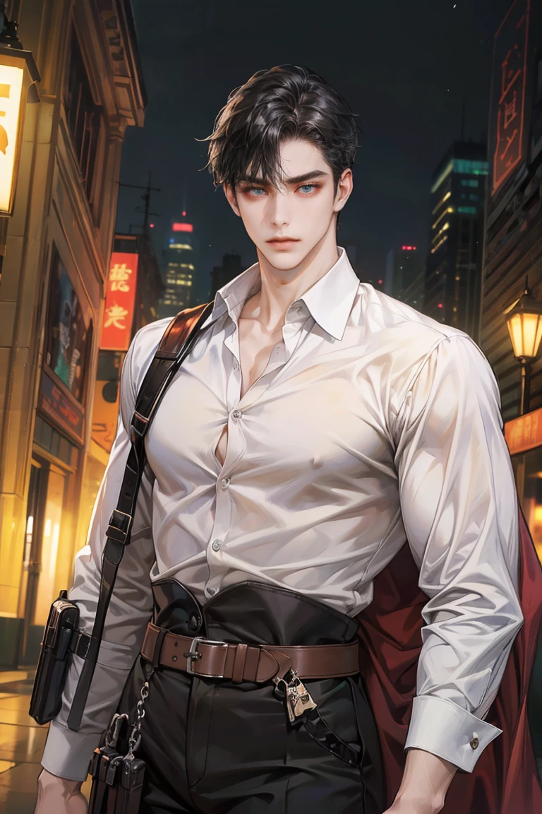 (absurdres, highres, ultra detailed, original character, HDR), 1 boy, solo, adult, handsome, ((tall muscular guy, broad shoulders)), finely detailed eyes, (black hair), hair between eyes, turquoise eyes, holographic, futuristic, casual and sexy outfit, gun holster, (body tight white shirt), ((large man breasts)), ((wearing an earring)), (portrait), dutch angle, face focused, british colonial scenery, dystopian hong kong city, skyscrapers, closed mouth, looking at viewer, depth of field, bokeh