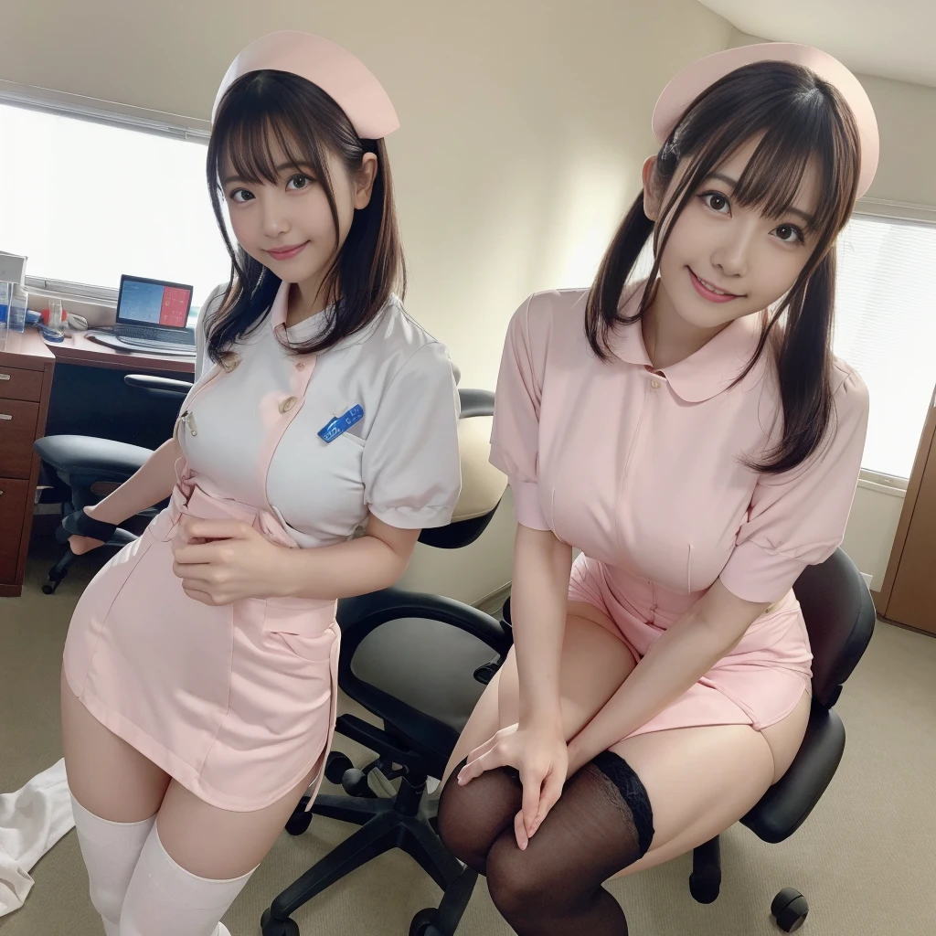 （Nurse Costume、Micro Mini Skirt、Ass、Black Hair、Big Ass、Inside the hospital、Knee-high socks、Panty Shot）、Extremely sexy、Glamorous Body、smile、Professional Lighting、Beautiful adult woman、Captivating thighs、Very large breasts、Cowboy Shot、Sitting in a chair