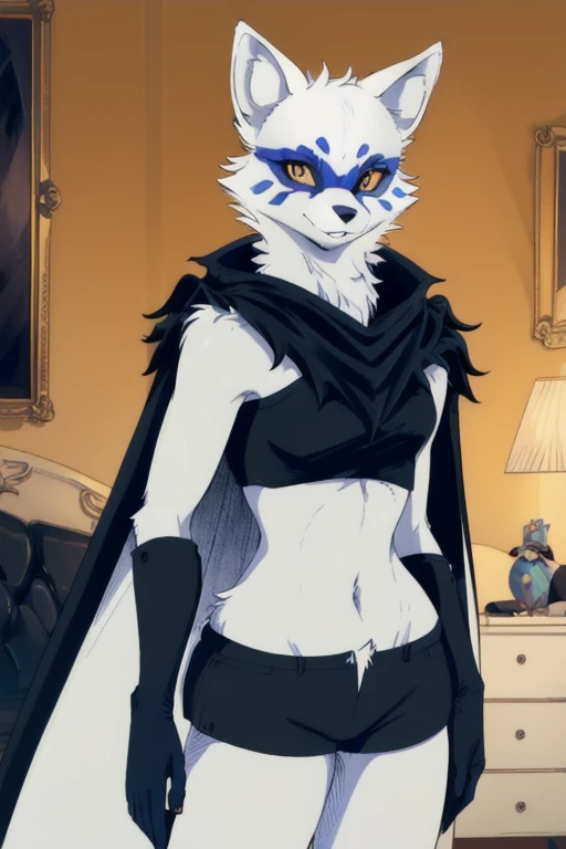 Alopex, arctic fox, furry, blue marks face, tmnt, smile, orange eyes, girl1, solo, black cape, gloves, black shirt, black shorts, best quality, masterpiece, living room , standing 