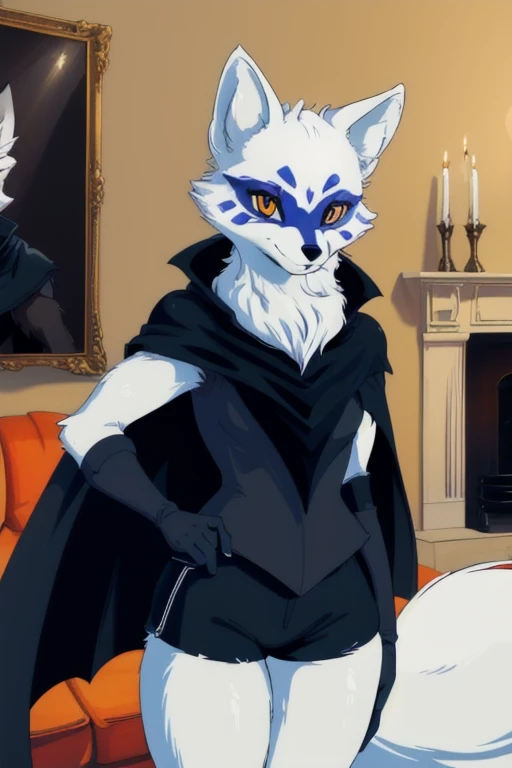 Alopex, arctic fox, furry, blue marks face, tmnt, smile, orange eyes, girl1, solo, black cape, gloves, black shirt, black shorts, best quality, masterpiece, living room , standing