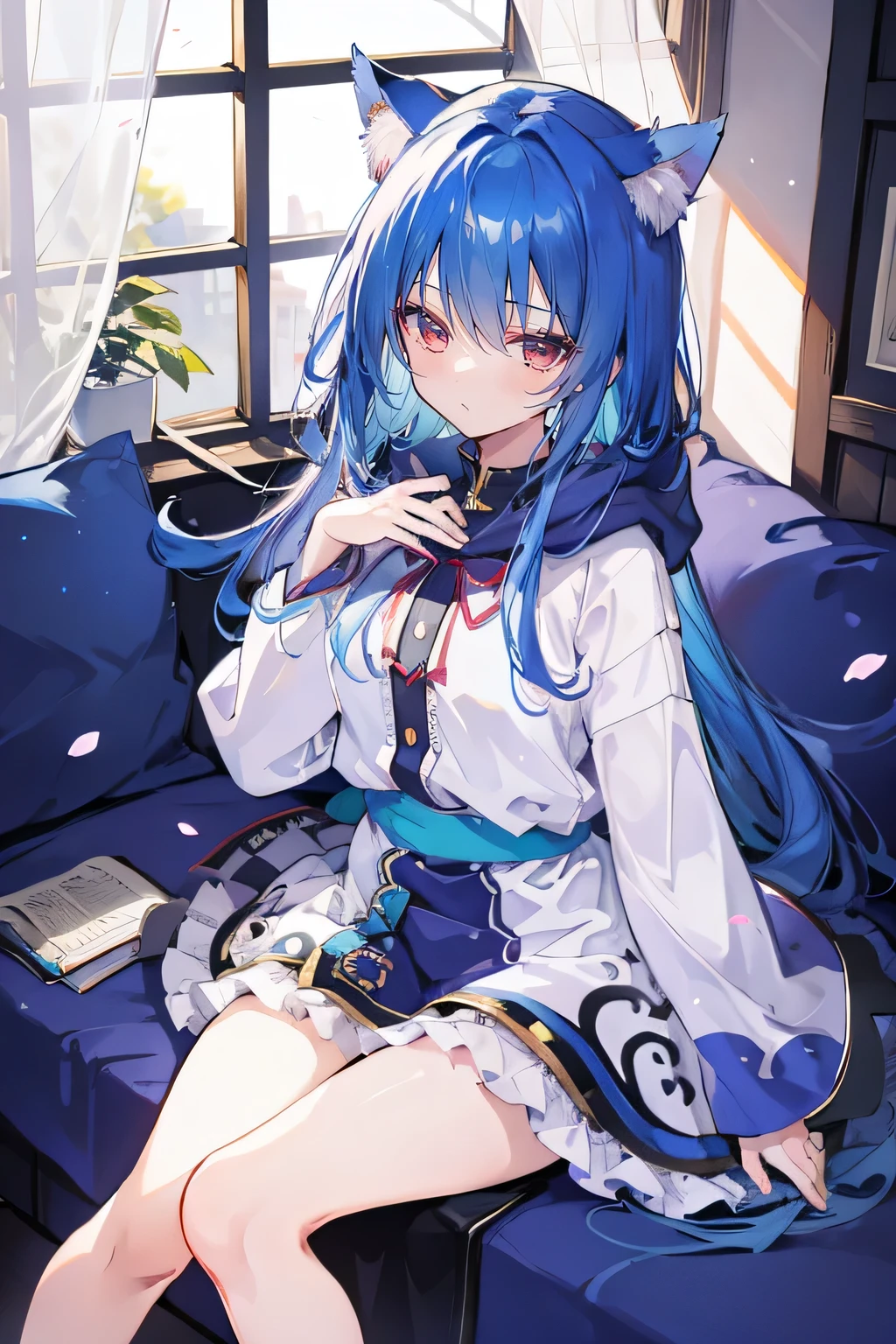 (masterpiece:1.2),Super detailed,lifelike,Expressive eyes,fair skin,perfect face shape,1 girl,
Japanese comics,Gorgeous blue hair,flowing blue hair,flowing clothes,Cat ears,Petals fall,beautiful lola,Baby Angel,
Shaking head with one hand,Cross your legs,Gentle and peaceful background,The pavilion is cool and comfortable,smile, wearing hoodie, In front of the window,snowing