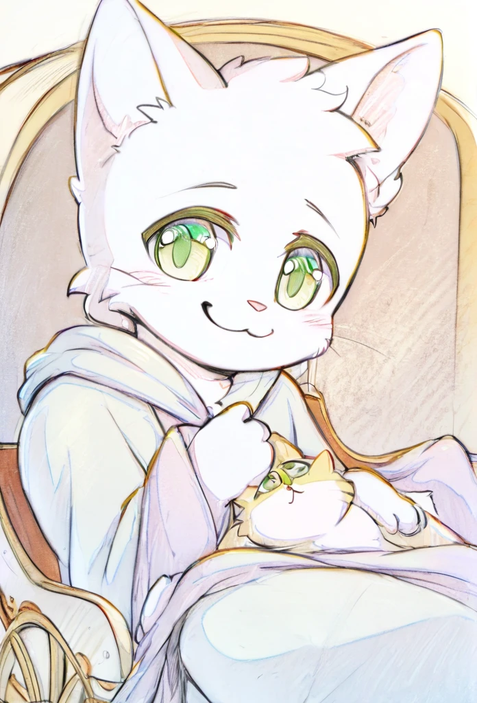 Cover,high resolution,Top quality,best quality,Paid rewards available,juvenile,middle Ages,Cats,male,White fur,Green eyes,tilt head slightly,Smile,Handsome,cute,Soft natural light,Sitting in a carriage,Wearing a robe,Pencil drawing style