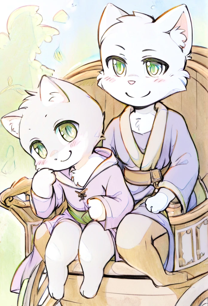 Cover,high resolution,Top quality,best quality,Paid rewards available,juvenile,middle Ages,Cats,male,White fur,Green eyes,tilt head slightly,Smile,Handsome,cute,Soft natural light,Sitting in a carriage,Wearing a robe,Pencil drawing style