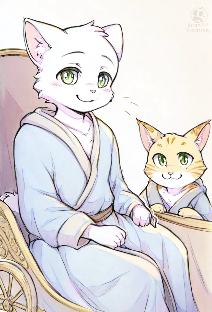 Cover,high resolution,Top quality,best quality,Paid rewards available,juvenile,middle Ages,Cats,male,White fur,Green eyes,tilt head slightly,Smile,Handsome,cute,Soft natural light,Sitting in a carriage,Wearing a robe,Pencil drawing style