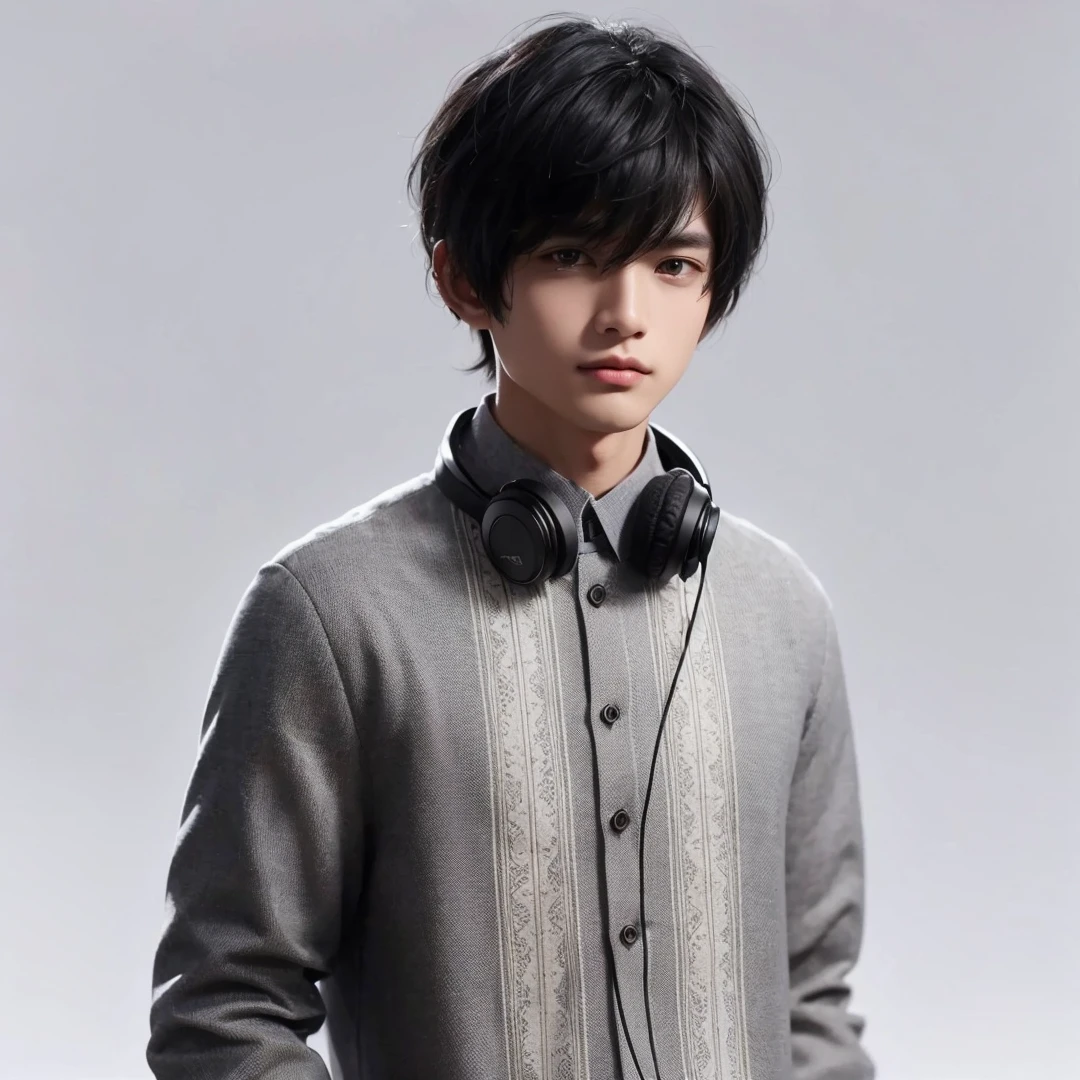 Handsome boy, black hair, brown eyes, wearing gray barong tagalog, black headphone