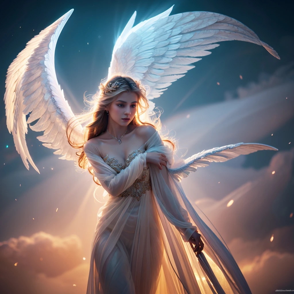 beautiful angel, highly detailed fantasy angel, intricate angelic wings, glowing halo, ethereal expression, flowing robes, dramatic lighting, dramatic pose, serene setting, heavenly atmosphere, soft pastel colors, photorealistic, 8k, hyper detailed, cinematic lighting, masterpiece, digital art