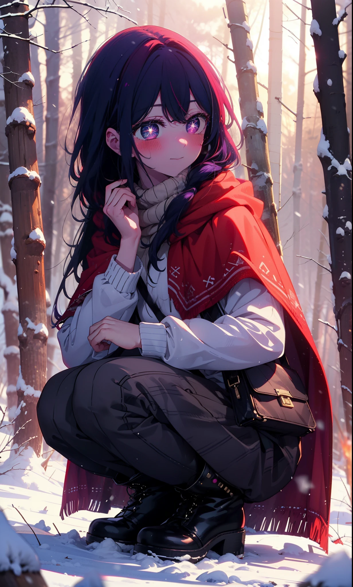 aihoshino, Ai Hoshino, Long Hair, bangs, (Purple eyes:1.1), Purple Hair, (Symbol-shaped pupil:1.5), smile,,smile,blush,White Breath,
Open your mouth,snow,Ground bonfire, Outdoor, boots, snowing, From the side, wood, suitcase, Cape, Blurred, , forest, White handbag, nature, Squat, Mouth closed, Cape, winter, Written boundary depth, Black shoes, red Cape break looking at viewer, Upper Body, whole body, break Outdoor, forest, nature, break (masterpiece:1.2), Highest quality, High resolution, unity 8k wallpaper, (shape:0.8), (Beautiful and beautiful eyes:1.6), Highly detailed face, Perfect lighting, Highly detailed CG, (Perfect hands, Perfect Anatomy),