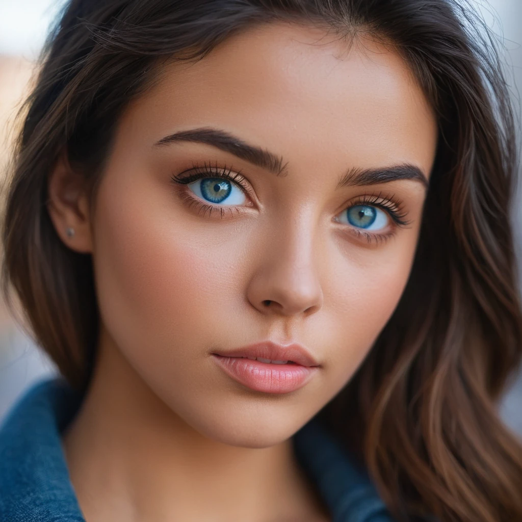realistic, detailed, realistic details, intricate detail, break,, 1girl, solo, latina, brunette, extremely beautiful, cute, detailed face, detailed skin complexion, beautiful blue eyes, parted lips, seductive, medium hair, , break,, simple background,, break,, portrait, f1.4/35mm, perspective, depth of field, proportion, focus on face, blurry background, bokeh, sharp focus, depth and dimension, proportion, rule of third, break