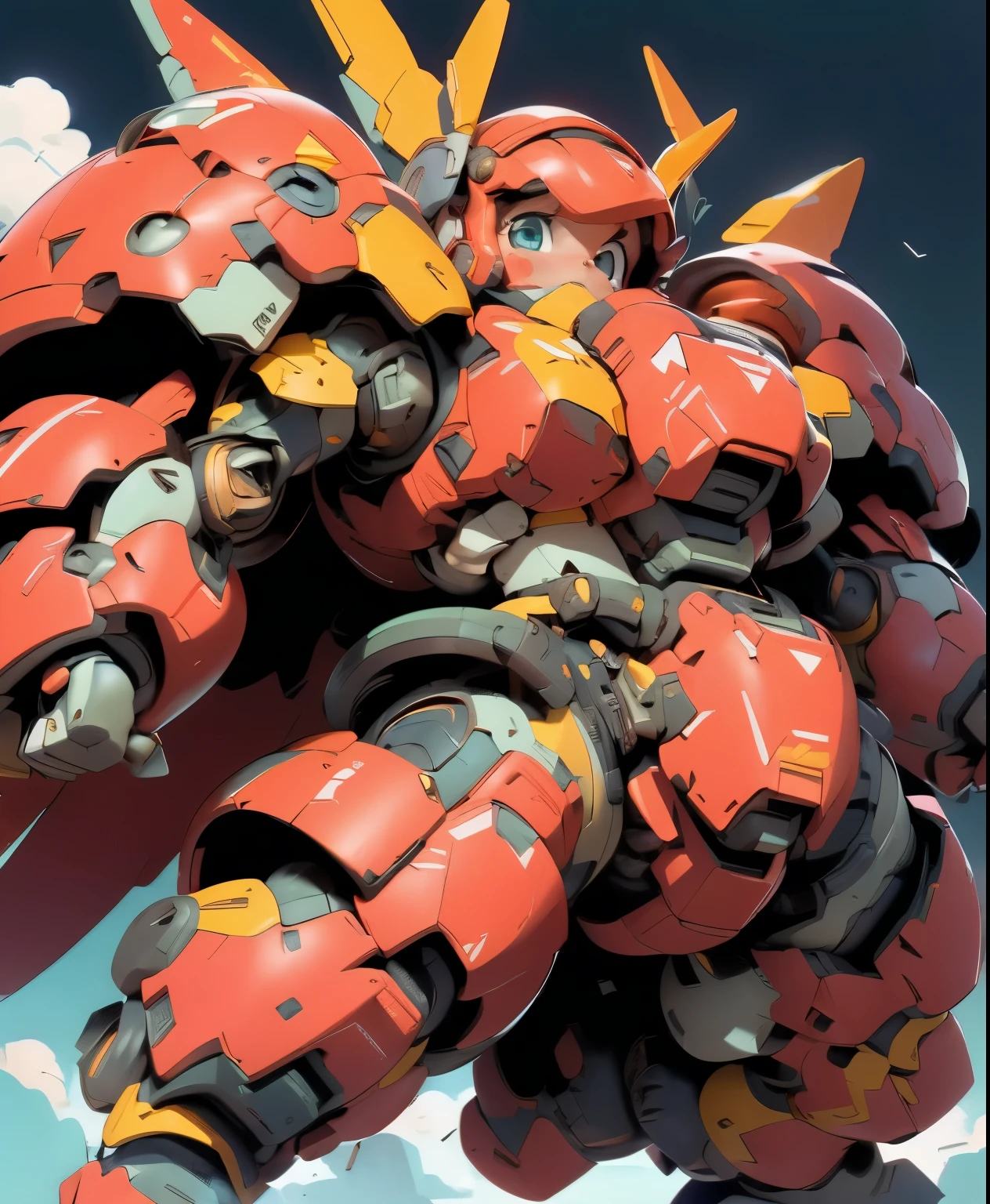 (((1 chibi girl in large red-colored robot costume, from below))), (holding weapons), (chibi), (bulky:1.8), (((helmet:1.5))), large cute face, mechanical parts, ((mechanical wings)), (full armor:1.8), (mecha armor:1.8)(shoulder guards:1.2),(huger arms), ((mechanical arms:1.5)), (short legs), (huger body:1.8), (heavy equipment:1.6), (from below), (headgear), blue sky, white clouds, robot joints, becoming a mecha, mecha, (RARS), (HRS), ROBOTANIMESTYLE, BJ_Cute_Mech,cute, girl BREAK ((masterpiece)), vibrant colors, 8k, best quality, ultra detailed illustration, ((best quality)), ((high resolution)), flawless skin textures, shiny oiled skin, extremely detailed anime eyes , extreme light and shadow