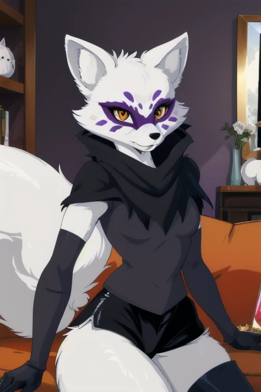 Alopex, arctic fox, furry character, purple marks face, tmnt, smile, orange eyes, girl1, solo, black cape, gloves, black shirt, black shorts, best quality, masterpiece, living room 