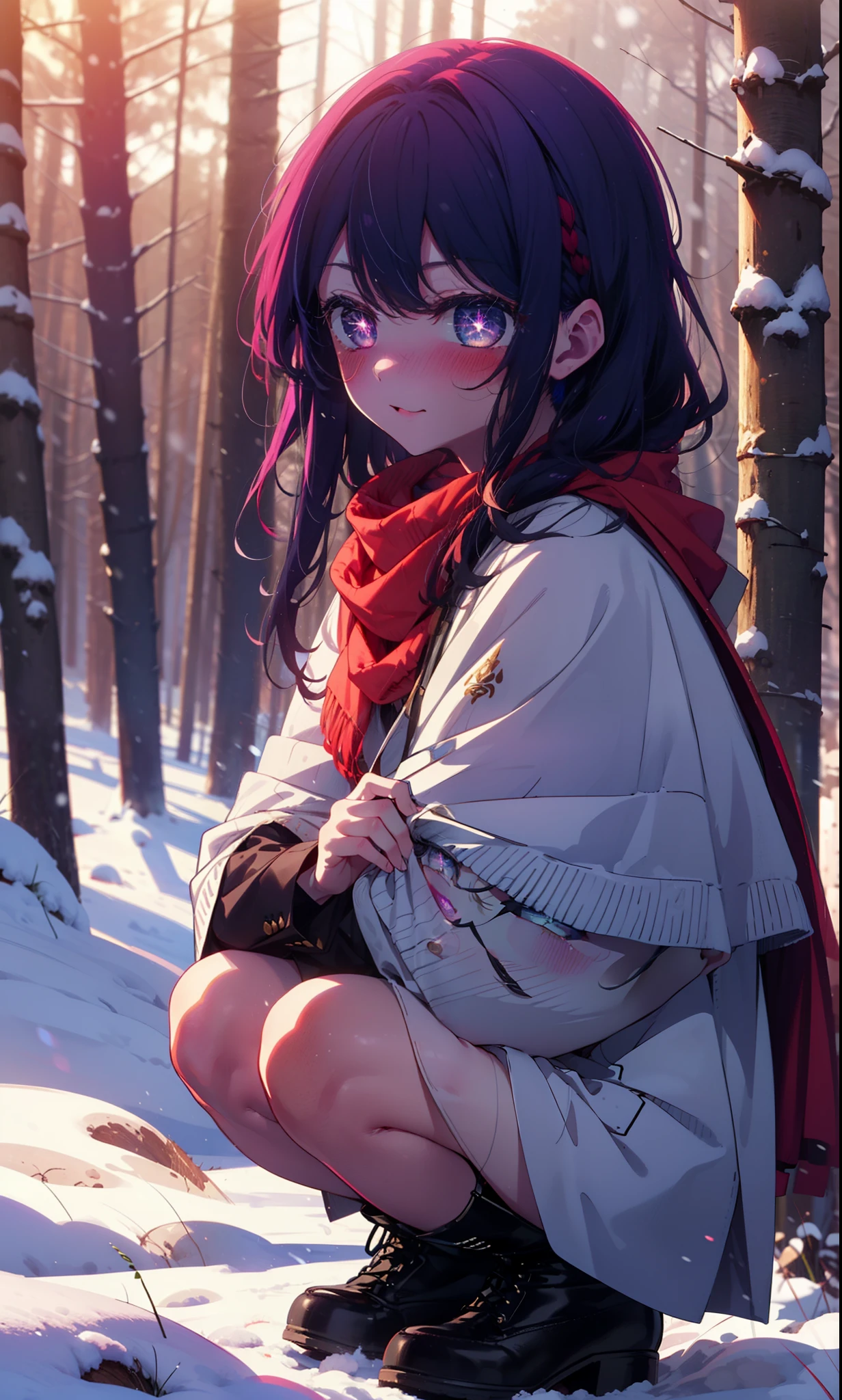 aihoshino, Ai Hoshino, Long Hair, bangs, (Purple eyes:1.1), Purple Hair, (Symbol-shaped pupil:1.5), smile,,smile,blush,White Breath,
Open your mouth,snow,Ground bonfire, Outdoor, boots, snowing, From the side, wood, suitcase, Cape, Blurred, , forest, White handbag, nature, Squat, Mouth closed, Cape, winter, Written boundary depth, Black shoes, red Cape break looking at viewer, Upper Body, whole body, break Outdoor, forest, nature, break (masterpiece:1.2), Highest quality, High resolution, unity 8k wallpaper, (shape:0.8), (Beautiful and beautiful eyes:1.6), Highly detailed face, Perfect lighting, Highly detailed CG, (Perfect hands, Perfect Anatomy),