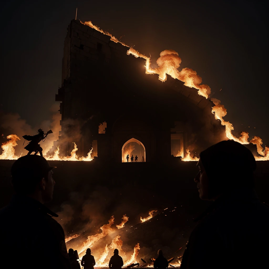 Al-Aqsa depicted in flames, intense focus on the iconic architecture succumbing to fire, global audience in background represented by silhouettes of diverse populations in various emotions of shock and concern, framed as if capturing a pivotal scene from an emotional historical drama, film-still style, emphasis on the contrast between the fire's harsh oranges and reds against the cool, monochromatic silhouettes, chiaroscuro, digital painting, capt