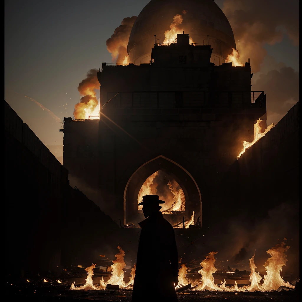 Al-Aqsa depicted in flames, intense focus on the iconic architecture succumbing to fire, global audience in background represented by silhouettes of diverse populations in various emotions of shock and concern, framed as if capturing a pivotal scene from an emotional historical drama, film-still style, emphasis on the contrast between the fire's harsh oranges and reds against the cool, monochromatic silhouettes, chiaroscuro, digital painting, capt
