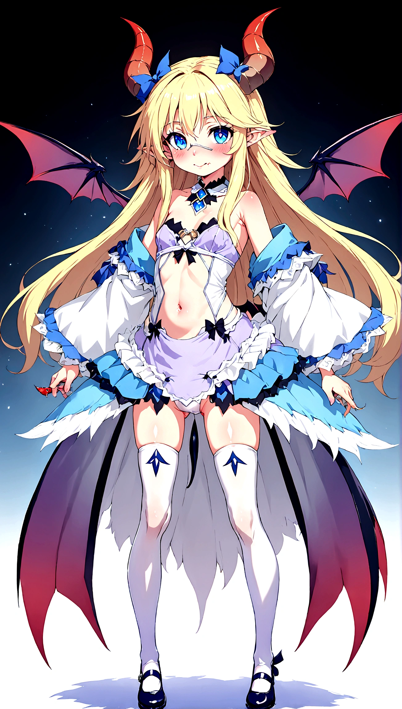 Anime. Monster Girl Encyclopedia. Alice.1 Girl. Lovely girl. . . Baby. Succubus Clumsy. Blonde. Long hair. Blue eyes. Beautiful eyes. Perfect eyes. Expressive eyes. Ideal face. ************. Small breasts. Flat chest. Pointy ears. Ideal anatomical body. Succubus horns. Wings of a succubus. Succubus tail with a heart tip. Cold. Runny nose. Snot flows from the nose. Blue and white children's dress from Alice in Wonderland. bows on the horns. White stockings. Shoes. Standing. Standing at full height. Standing in the forest. Standing in the middle of the forest. Beautiful character design. Shiny skin. Full body. nsfw. Scat. Official art. Extremely detailed CG Unity 8k wallpaper. Ideal lighting. Ultra high resolution 4K. Super detailed 8K. A high resolution.