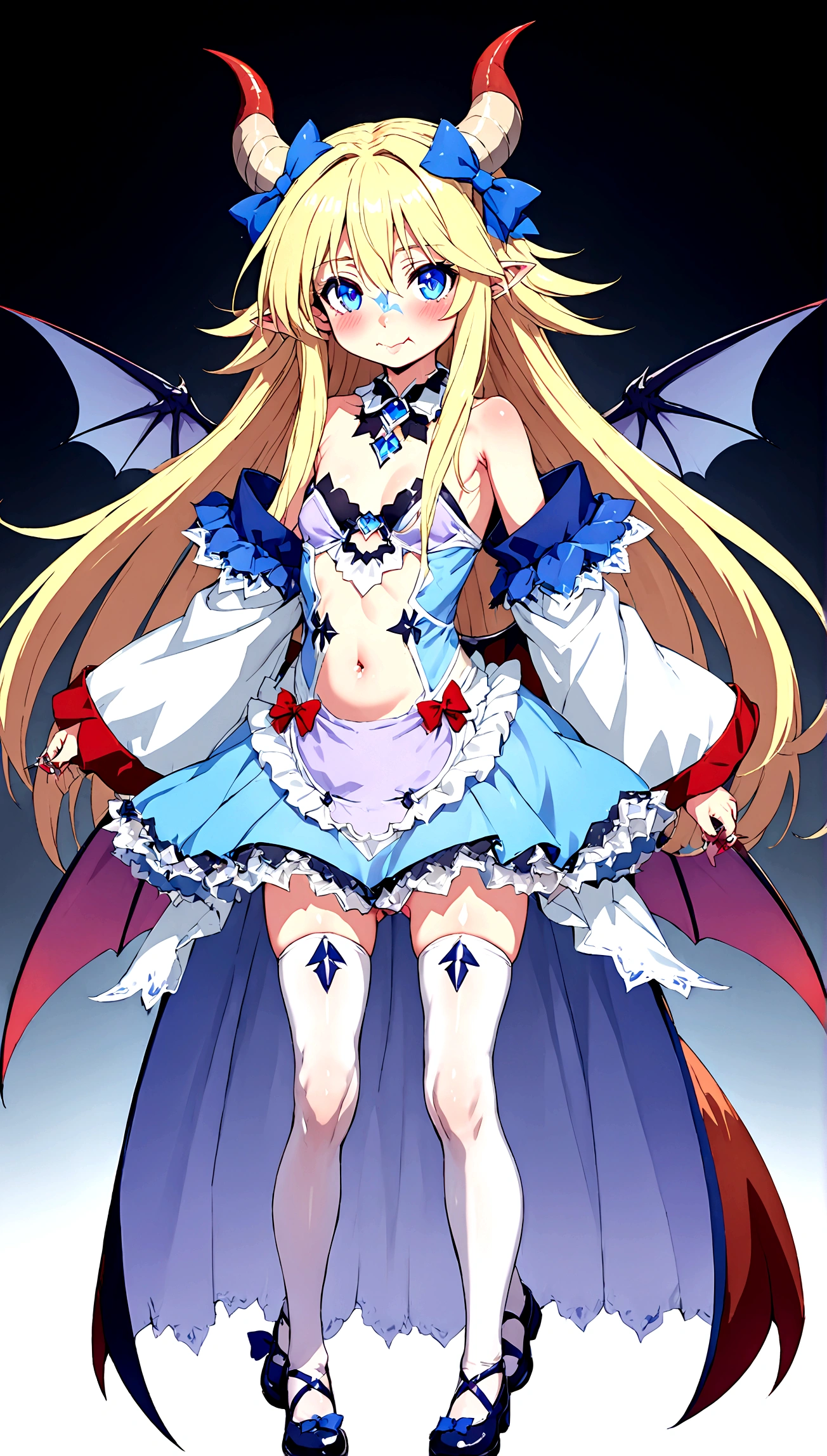 Anime. Monster Girl Encyclopedia. Alice.1 Girl. Lovely girl. . . Baby. Succubus Clumsy. Blonde. Long hair. Blue eyes. Beautiful eyes. Perfect eyes. Expressive eyes. Ideal face. 12 years old. Small breasts. Flat chest. Pointy ears. Ideal anatomical body. Succubus horns. Wings of a succubus. Succubus tail with a heart tip. Cold. Runny nose. Snot flows from the nose. Blue and white children's dress from Alice in Wonderland. bows on the horns. White stockings. Shoes. Standing. Standing at full height. Standing in the forest. Standing in the middle of the forest. Beautiful character design. Shiny skin. Full body. nsfw. Scat. Official art. Extremely detailed CG Unity 8k wallpaper. Ideal lighting. Ultra high resolution 4K. Super detailed 8K. A high resolution.