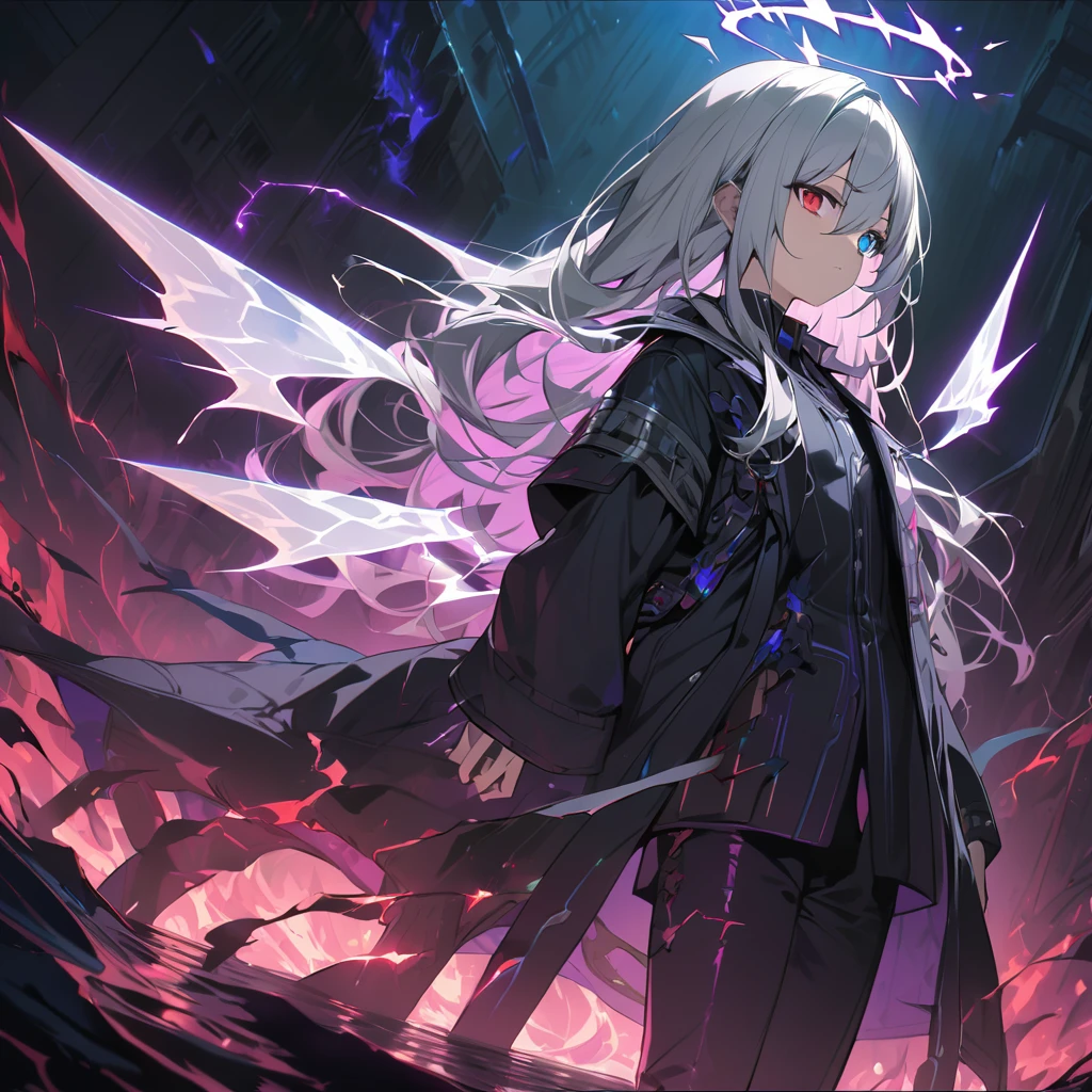 elementary, Shadow Surrounding Girl, lightning, Green Aura, Red aura, Purple aura, Flames surrounding the girl, masterpiece, Dark Theme, Highest quality, Maximum details, Very fine eye, Professional coloring, cinematic lightning, Remaining, Written boundary depth, Backlight, One Girl, Young girl, Silver Hair, Long Hair, Hair between the eyes, Black Halo, Shining blue sea, Blue Flame, Large, black, translucent magical wings on his back, Fantasy-inspired costumes, Black long coat, shirt, Black trousers, Expressionless, heterochromatic eyes, Heterochromia iridis, Violet's left eye, blue right eye, Odd Eye, Glowing Eyes, Show a close-up of your face, Facing forward, Countless magical swords are floating, Slashing Effects