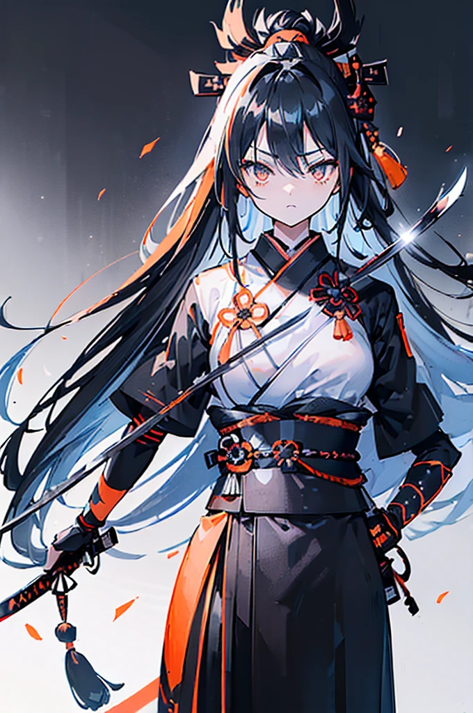 ((((Black katana)))) (((Light blue long hair Light orange eyes and black samurai uniform White band Victory))) ((Black notes night Japanese style Mature))