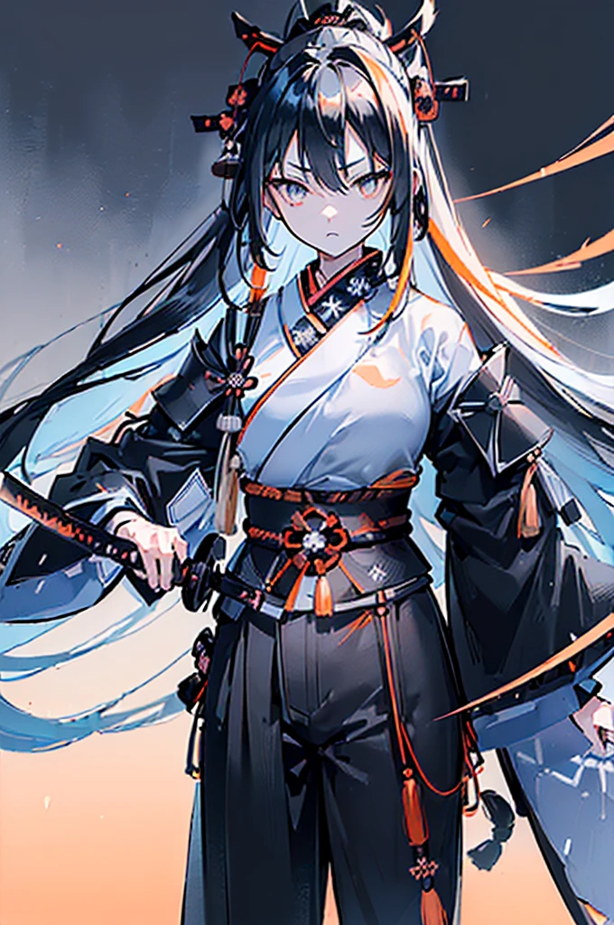 ((((Black katana))))　(((Light blue long hair　Light orange eyes and black samurai uniform　White band　Victory)))　((Black notes　night　Japanese style　Mature))