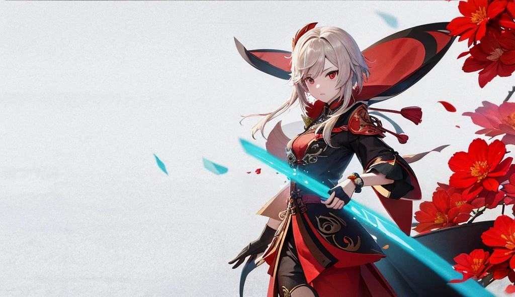 Chinese red flowers on a red background, Character from Genshin Impact