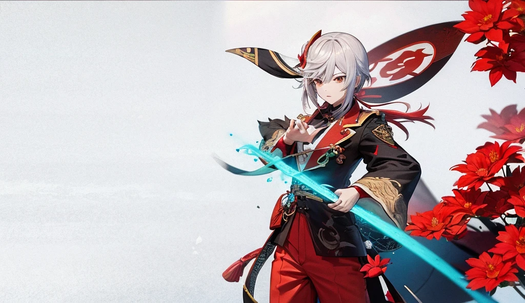 Chinese red flowers on a red background, Character from Genshin Impact