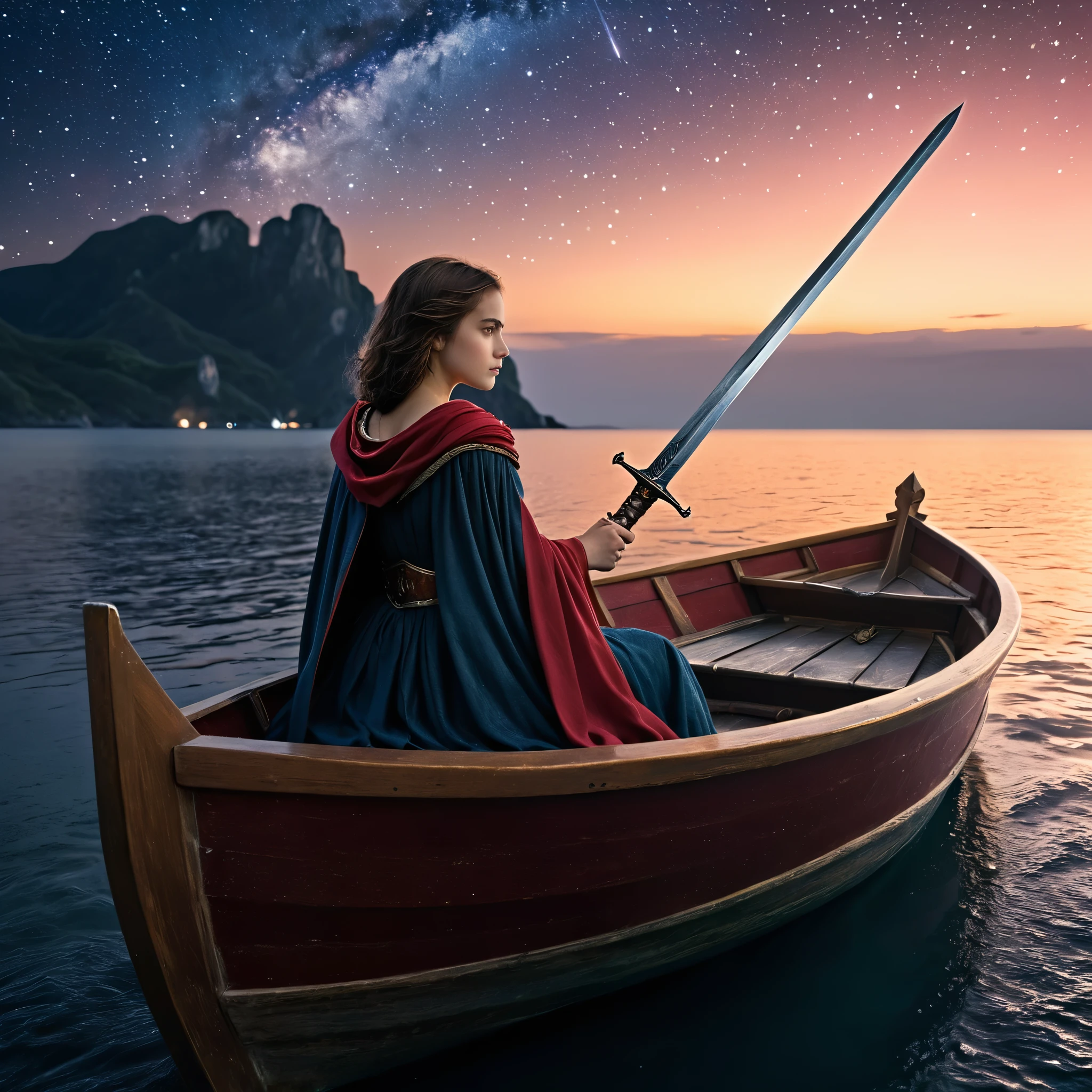 A young girl sitting in a boat , Sword in hand, Cape, Lonely, High resolution, Sea of stars, Overlooking, Romance, Smallness
