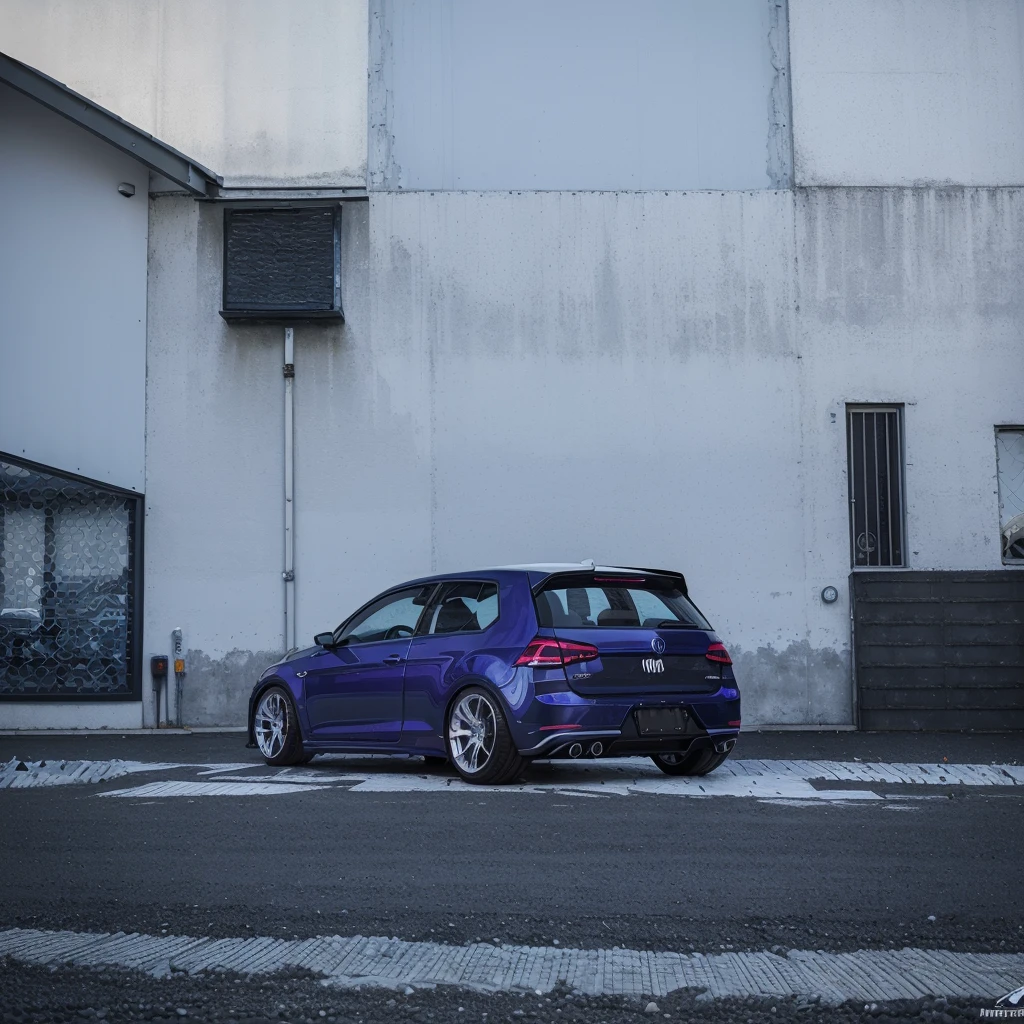 VW Golf 4 ((flip flop paint metallic blue lila purple)),((Wheel spacers)),((19 inch spoke rims white)),((black clear glass led headlights)),((Black taillights)),((Tinted windows)),getuntes Bodykit,Speak,((Background a motor vehicle workshop with lifting platform))
