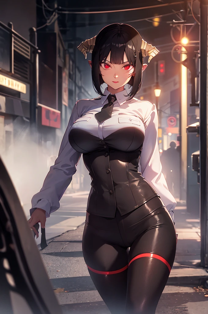 short black hair 1 girl, 1 gilr, ,perfect anatomy girl muscular girl toned body girl large breasts girl thick girl angry girl best quality girl black hair girl Eyes red,linda,wearing short leggings with, blackstockings, shorth hair, comely eyes, comely, Eyes red, white  shirt, black leather jacket, shorts, legging branca curta, dark alley city black pantyhose, horned hair on head,ssmile,face detailed,ssmile no rosto,maos atras da cabeça ssmile,ssmile
