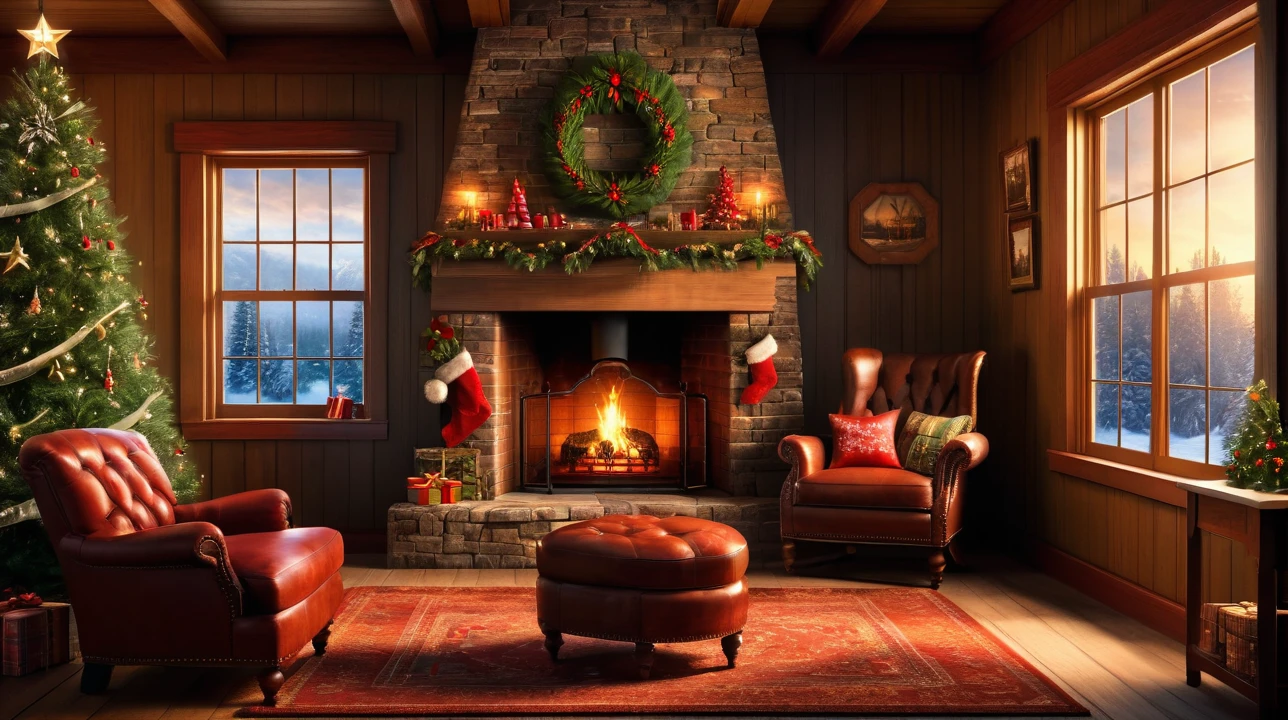 Fader room with Christmas tree, a chair, a fireplace and a window, images inspired by terry redlin, Multiple Count Contest Winner, Extremely complex, charming scene of a, cozy environment, comfortable atmosphere, Santa's workshop, cozy environment, cozy place, pleasant comfortable atmosphere, Cozy atmosphere, Comfortable wallpaper, Home background, cosy atmoshpere