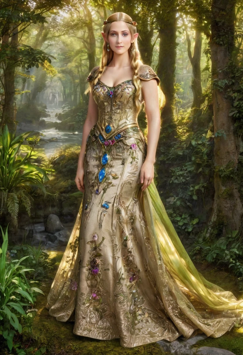 a masterful portrait done by Leonardo De Vinci of Princess Zelda, full body, ((anatomically correct: 1.5)), wearing intricate glamour elven dress,  elven forest background background, Ultra-high resolution, High Contrast, (masterpiece:1.5), highest quality, Best aesthetics), best details, best quality, highres, 16k, [ultra detailed], masterpiece, best quality, (extremely detailed), chumbasket art style, dvnc, evening dress