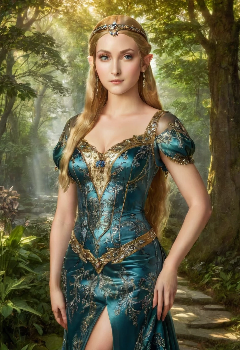 a masterful portrait done by Leonardo De Vinci of Princess Zelda, full body, ((anatomically correct: 1.5)), wearing intricate glamour elven dress,  elven forest background background, Ultra-high resolution, High Contrast, (masterpiece:1.5), highest quality, Best aesthetics), best details, best quality, highres, 16k, [ultra detailed], masterpiece, best quality, (extremely detailed), chumbasket art style, dvnc, evening dress