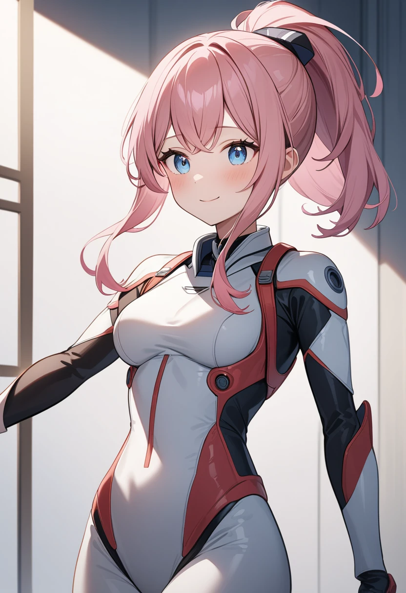 (masterpiece, top quality, very aesthetic, 4k、illustration), intricate detail, 1girl,Standing in front of a wall、(cowboy shot)、light smile、()、animated painting
Cute 、pink hair、ponytail,middle hair,sidelock ,high ,blue eyes、pilot suit、medium breasts,Slim 、