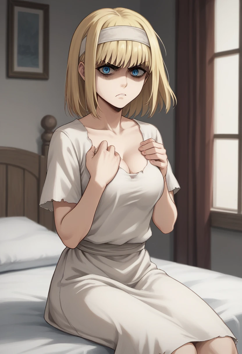 score_9, score_8_up, score_7_up, ymir fritz,1girl, solo, hairband, blonde hair, bangs, medium hair,shaded face,white dress, short sleeves, room, , medium breasts, ,sitting, bed, angry, from adove, blue eyes, cleavage, breasts, looking at viewer, breasts focus, hands on own breasts, bouncing breasts