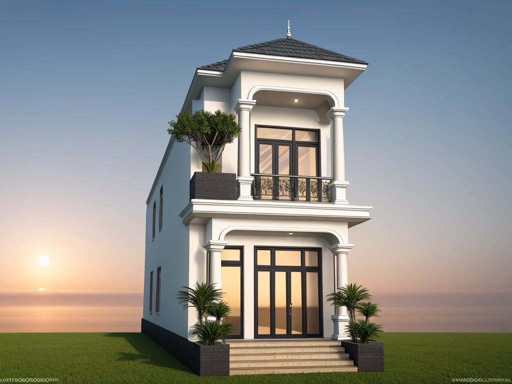PLATFORM KTHOUSE, neoclassical villa, main materials of the villa are white walls: 1.2 and stone: 1.2, large yard, 1 track in front of the house, (RAW photo, real, best quality, masterpiece: 1.2 ), neoclassical style, blue sky :1.3, (super realistic, actual photo:1.2), high quality, (sunrise light:1.3), perfect lighting, Archdaily
