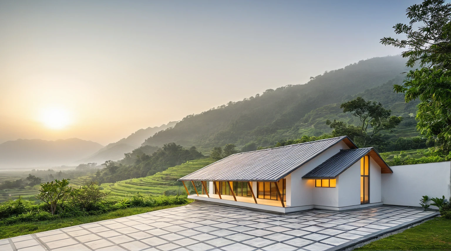 ((Vietnamese highland scenery)), Modern, rural house, (located on the hillside), ((looking down to the river in the valley)), vegetable garden, (White walls), ((flat tile roof)), large glass windows, porch, railing, ((dawn sun, fog)), Warm light, overwhelming feeling, (8k, RAW photo, best quality, masterpiece:1.2), (realistic, photo-realistic:1.37), ultra-detailed, ultra-high res,