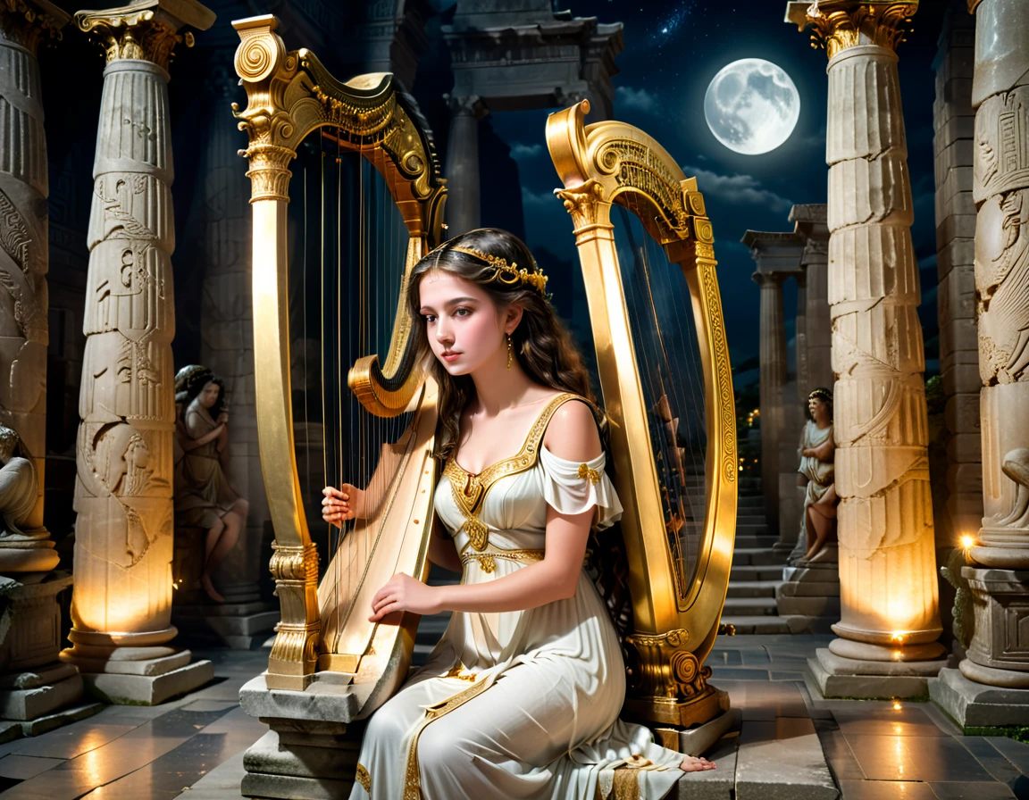 a young priestess, sitting, she places a harp larger than herself in front of him and plays it, playing a large lyre, ancient Greek temple, late at night, inside the temple it is (dark:1.3) and there is (no lighting:1.2), the moonlight shines in at an angle, shining a faint light on her., highly detailed, photorealistic, realistic lighting, intricate architecture, ornate decorations, cool color palette, golden accents, soft fabric textures, mesmerizing expression, elegant pose, cinematic composition, natural lighting, realistic shadows, mystical atmosphere, hyperrealistic, award-winning art