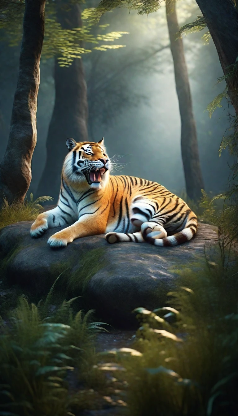 There is a wild beast in the forest，tiger shape，The tail of the cow（best quality，4K，8K，High level，masterpiece：1.2），Ultra Detailed，（lifelike，Photo real，Photo real：1.37），Highly detailed animals，Realistic lighting，Fantasy Creatures