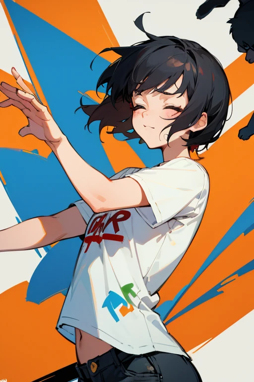 anime style,artistic, masterpiece,best quality, dsuper fine illustration, super detailed, dynamic angle,8k,detailed background,in beach, (BREAK a female is singing . She is wearing {a white T-shirt with a graffiti art-style cat illustration}.)Break very short hair,flat chest,black hair,red-eyes,black cat year,closed eyes,胸に手を当てる,perfect hands