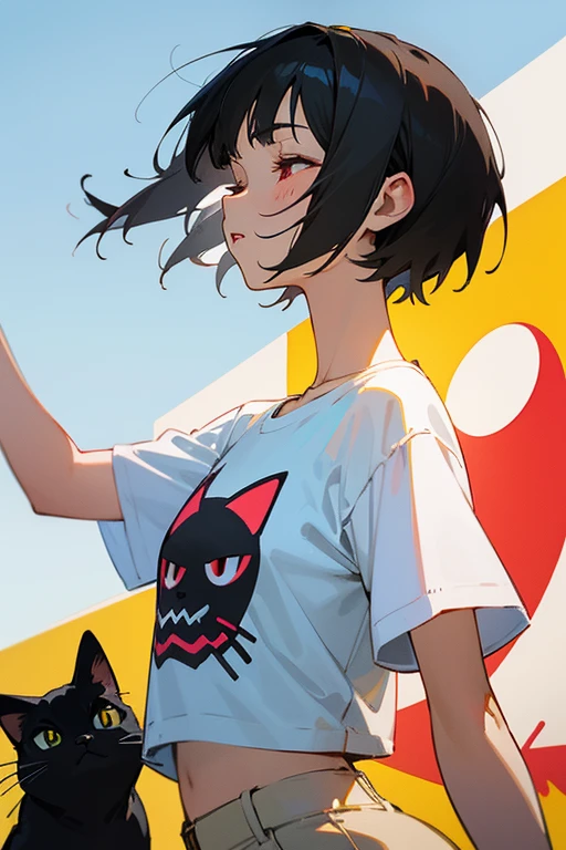 anime style,artistic, masterpiece,best quality, dsuper fine illustration, super detailed, dynamic angle,8k,detailed background,in beach, (BREAK a female is singing . She is wearing {a white T-shirt with a graffiti art-style cat illustration}.)Break very short hair,flat chest,black hair,red-eyes,black cat year,closed eyes,胸に手を当てる,perfect hands