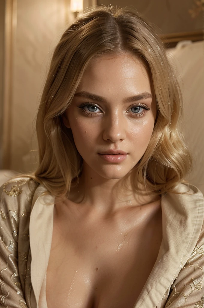 a beautiful blonde girl, wearing a bathrobe, in a luxury hotel, lying on the bed, detailed beautiful eyes, detailed beautiful lips, extremely detailed face, long eyelashes, elegant pose, photorealistic, 8k, high quality, masterpiece, intricate details, warm lighting, atmospheric, cinematic, dramatic, elegant, glamorous, photo portrait, hair a bit wet