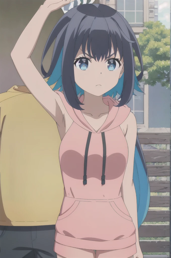 (extremely detailed CG unity 8k wallpaper),(masterpiece),(best quality),(ultra-detailed),(best illustration),(best shadow),(absurdres), Konoha, 1girl, solo, hoodie, hood, blue eyes, multicolored hair, black hair, blue hair, sleeveless, pink hoodie, looking at viewer, breasts, short hair, upper body, colored inner hair, collarbone, sleeveless hoodie, two-tone hair, bangs, v-shaped eyebrows, hood down, bare shoulders, closed mouth, frown, outdoors, with dark skin