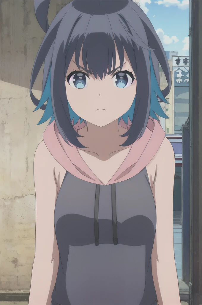 (extremely detailed CG unity 8k wallpaper),(masterpiece),(best quality),(ultra-detailed),(best illustration),(best shadow),(absurdres), Konoha, 1girl, solo, hoodie, hood, blue eyes, multicolored hair, black hair, blue hair, sleeveless, pink hoodie, looking at viewer, breasts, short hair, upper body, colored inner hair, collarbone, sleeveless hoodie, two-tone hair, bangs, v-shaped eyebrows, hood down, bare shoulders, closed mouth, frown, outdoors, with dark skin