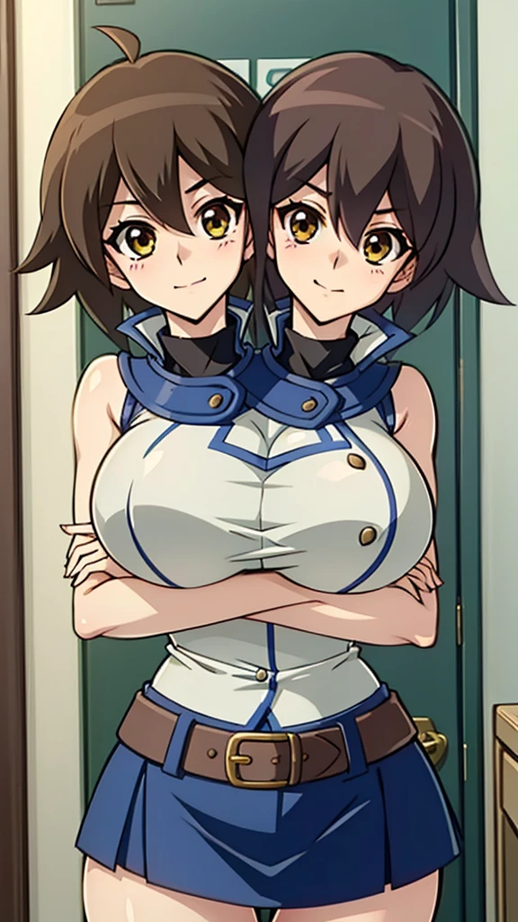 masterpiece, best quality, highres,1girl, solo, (Conjoined_dicephalus), (2 heads:1.2), two heads, (1 body:1.5), 2 girl, solo, 2 legs, 2 arms, conjoined twins, makurada junko, turtleneck, white vest, sleeveless, high collar, belt, blue miniskirt, huge breasts, happy, cowboy shot, indoors, bedroom