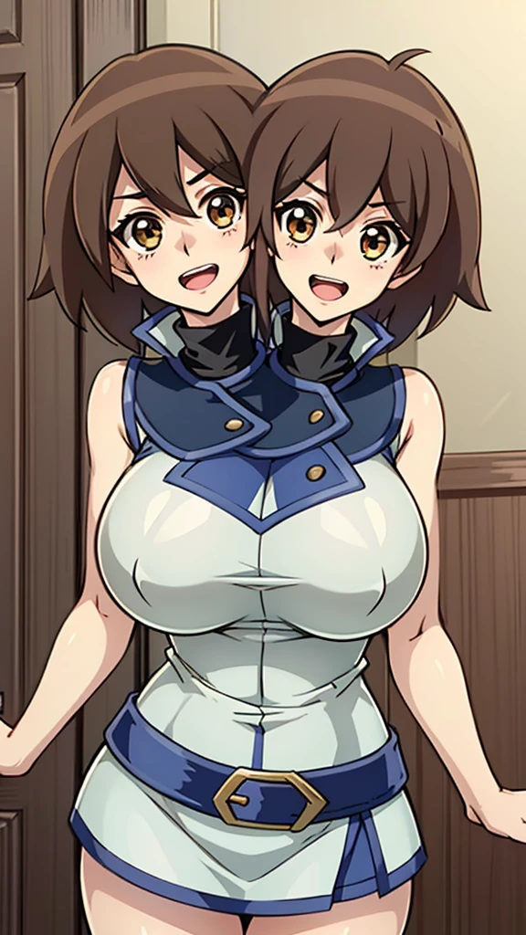masterpiece, best quality, highres,1girl, solo, (Conjoined_dicephalus), (2 heads:1.2), two heads, (1 body:1.5), 2 girl, solo, 2 legs, 2 arms, conjoined twins, makurada junko, turtleneck, white vest, sleeveless, high collar, belt, blue miniskirt, huge breasts, happy, cowboy shot, indoors, bedroom