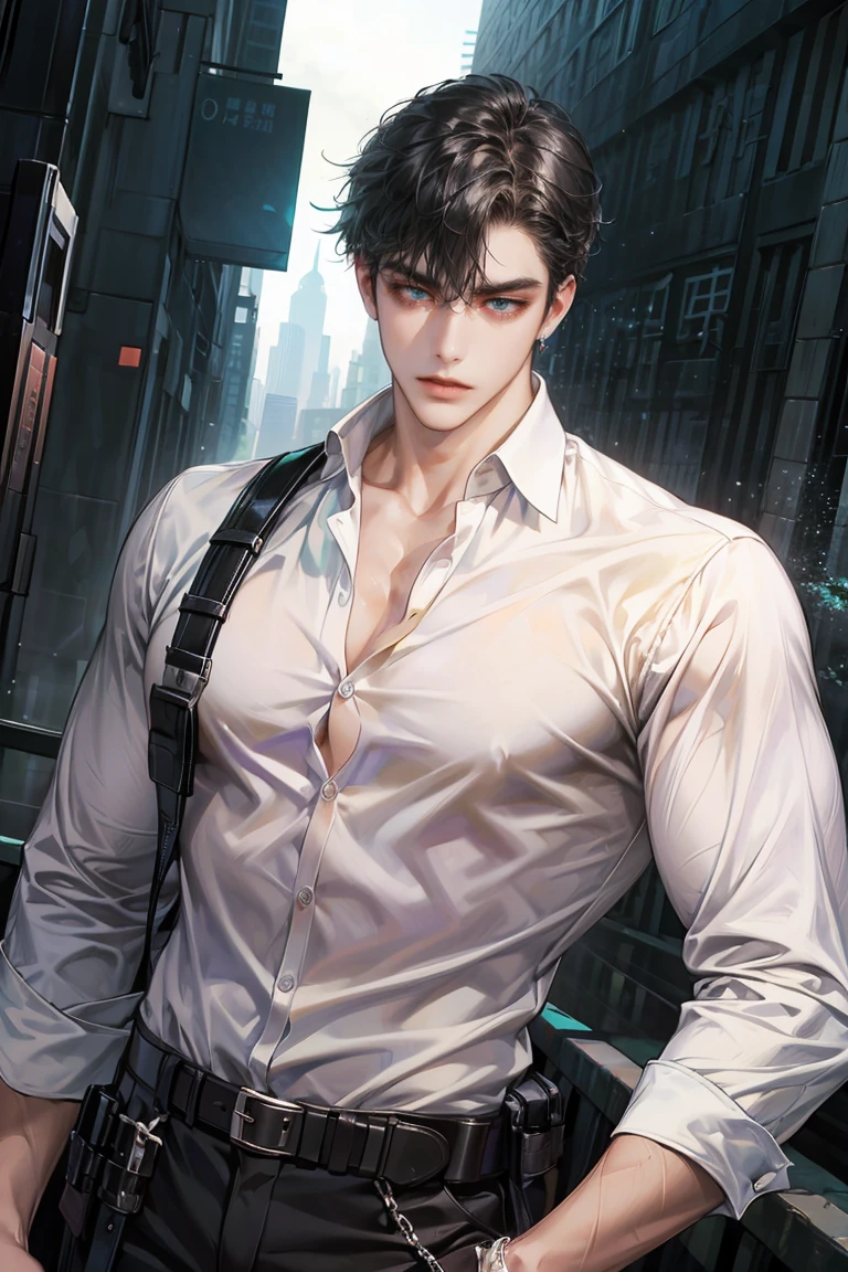 (absurdres, highres, ultra detailed, original character, HDR), 1 boy, solo, adult, handsome, ((tall muscular guy, broad shoulders)), finely detailed eyes, (black medium hair), hair between eyes, turquoise eyes, holographic, futuristic, casual and sexy outfit, gun holster, (body tight white shirt), ((large man breasts)), ((wearing an earring)), (portrait), dutch angle, face focused, british colonial scenery, dystopian hong kong city, skyscrapers, closed mouth, looking at viewer, depth of field, bokeh